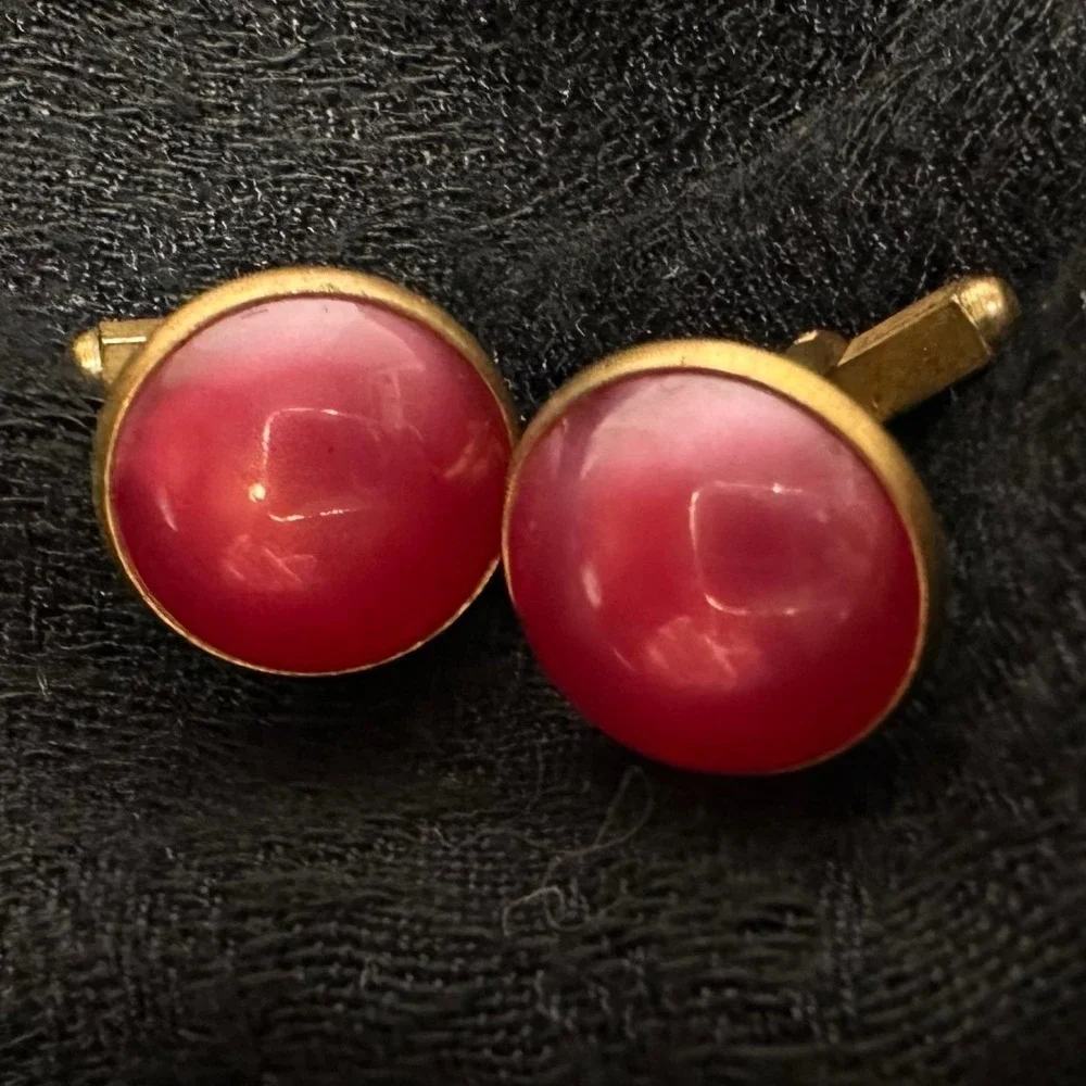 Vintage‎ Pink Dome Cufflinks Gold Tone Round Lucite Pearl Look